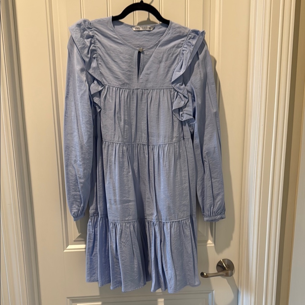 Zara Blue Ruffled Tiered Sundress with Bishop Sleeves